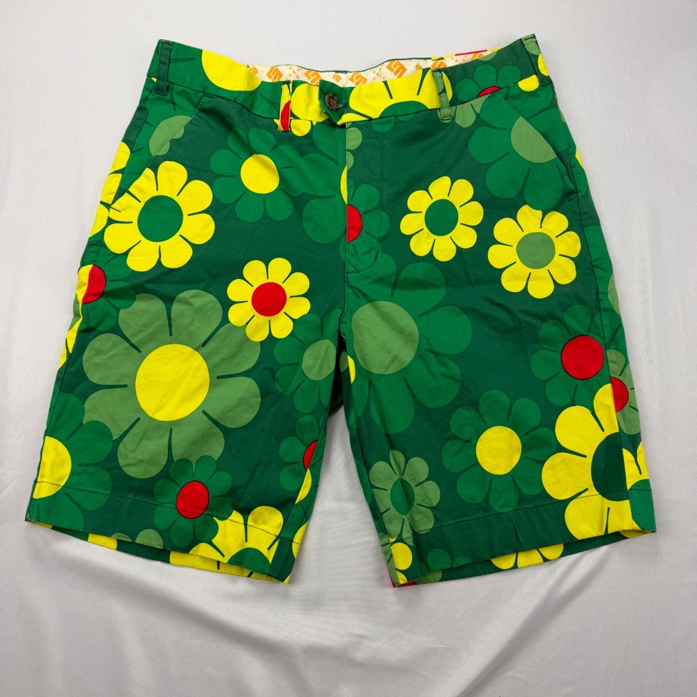 Loudmouth Golf Shorts Mens 36 Green Yellow Floral Flower Print Flat Front Golfin